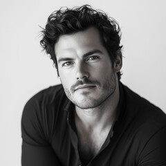 Fototapeta premium Black-and-white portrait of confident man with wavy hair