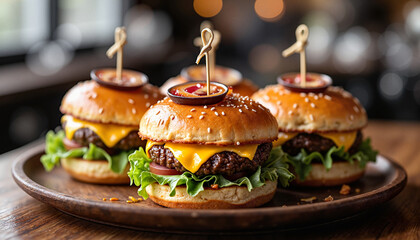 Juicy cheeseburger sliders on wooden plate