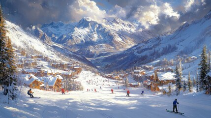 Fototapeta premium Winter Wonderland in the Alps, Ski Resort Scene