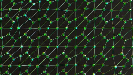 Complex neural network grid with glowing green nodes, visualizing advanced physics, chemistry, and computational connections in a futuristic and digital abstract pattern.