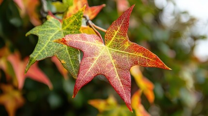 Fototapeta premium A close-up of a single red and green star-shaped leaf on a branch with other leaves in the background.