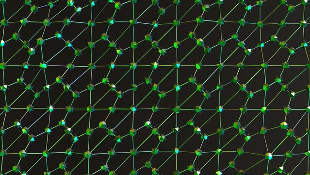Complex neural network grid with glowing green nodes, visualizing advanced physics, chemistry, and computational connections in a futuristic and digital abstract pattern.