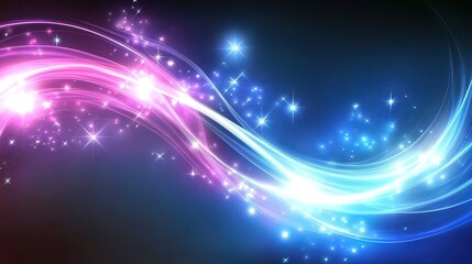 Fototapeta premium Abstract glowing blue and pink waves with sparkling stars on a dark background.