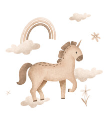 Poster with beige cartoon Unicorn and clouds in the sky with rainbow and flower. Template postcard for text for Baby Party. Illustration horse scandinavian style on isolated background