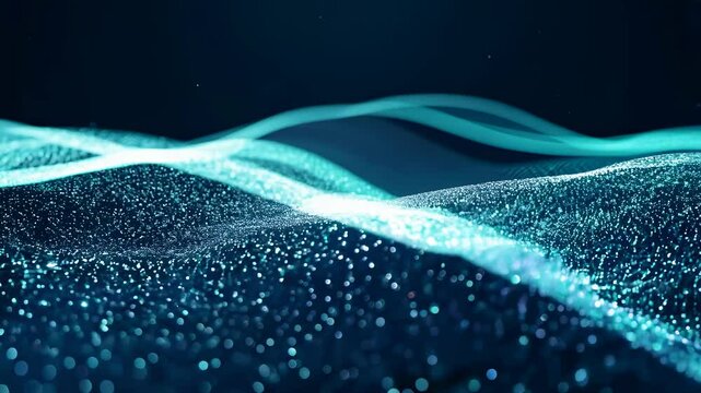 Waves of glowing light particles in sync. Turquoise dots moving together in a rhythmic flow, like a digital ocean of light on a dark background. An abstract texture, a pattern.