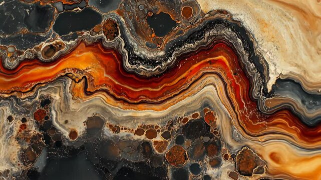 A close-up view of an agate with a dark, almost black, base and orange and brown swirling patterns