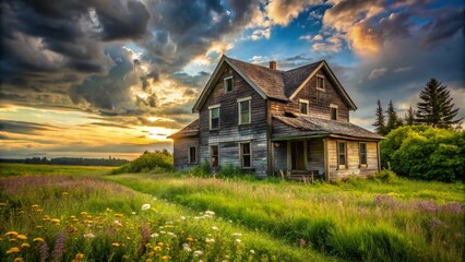 Obraz premium Capturing the Beauty of Old Structures: A Vintage Abandoned House Surrounded by Nature in Perfect Rule of Thirds Composition