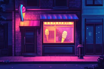A nighttime city scene with a neon-lit ice cream shop window glowing brightly