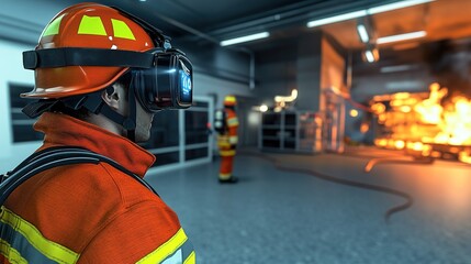 Fototapeta premium Abstract Marketing Background Featuring a Virtual Reality Training Scene Showcasing Firefighters Engaged in Training within a VR Environment. This Innovative Use of VR Technology Simulates Fire Scenar