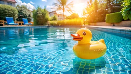Rubber Duck in Swimming Pool, Summer Fun, Outdoor Play.