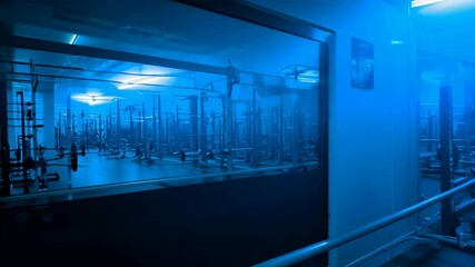 Minimalist view of an empty fitness gym with a blue filter film look, emphasizing modern equipment in a peaceful environment