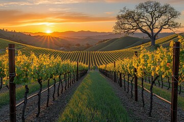 Naklejka premium Golden sunset over serene vineyard landscape with rolling hills