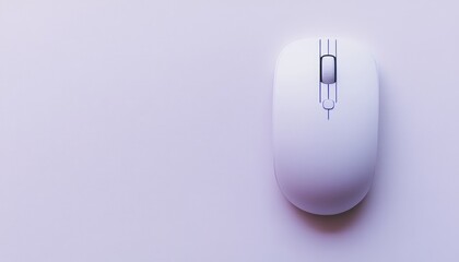 A close-up of a sleek white computer mouse on a minimalist pastel background