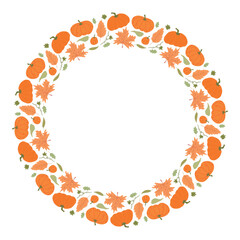 Autumn wreath of orange pumpkins and fall leaves on a white background, ideal for festive designs, invitations, and seasonal decor.