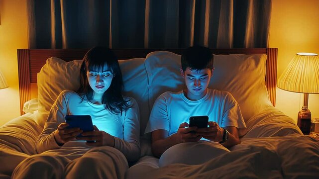 Couple in bed at night using smartphones, screen light on faces for technology, modern relationship and digital habits. Young man and woman focused on devices, representing connection and detachment