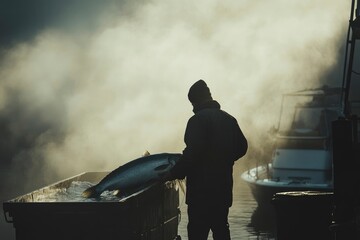 Obraz premium A fisherman holding a large salmon against a misty sunrise background.