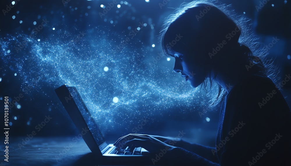 Aufkleber a person using a laptop, with digital data flowing towards them in dark blue tones, connecting the s