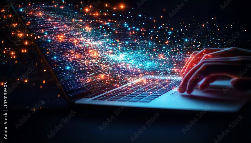 Poster a person using a laptop, with digital data flowing towards them in dark blue tones, connecting the s