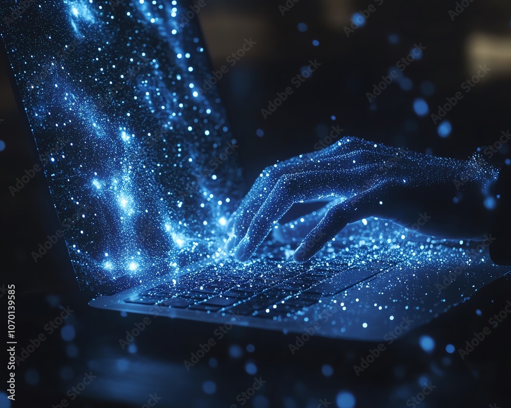 Aufkleber A person working on a laptop, with digital data flowing from the screen and connecting to them in dark blue tones, highlighting the digital age and technological advancements