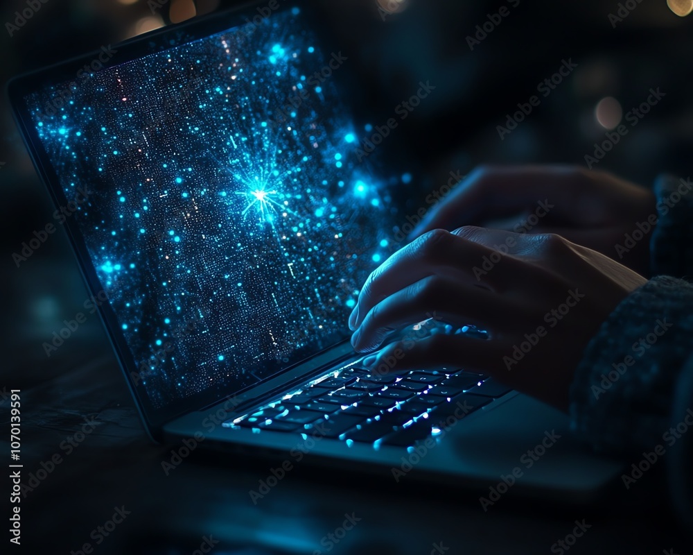 Aufkleber A person working on a laptop, with digital data flowing from the screen and connecting to them in dark blue tones, highlighting the digital age and technological advancements