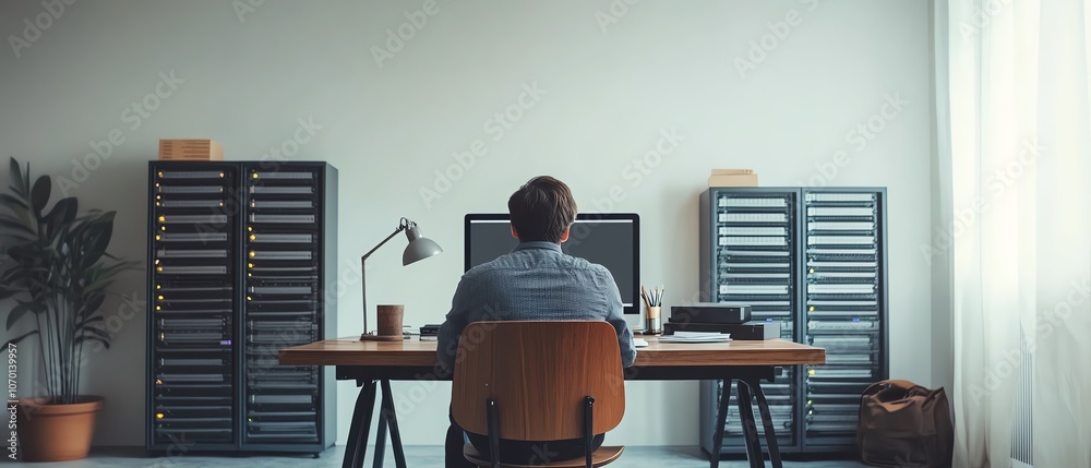 Aufkleber Business professional at a desk with a computer, cloud storage, and server racks in a minimalistic white background, ideal for website design with copy space