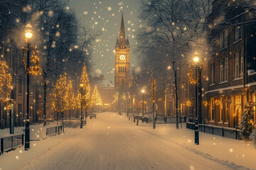 Obraz premium A magical winter evening in a historic town center, with a majestic clock tower illuminated against the snowy sky. Christmas lights adorn trees along the snow-covered street.
