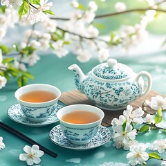 Fototapeta premium cup of tea and teapot with flowers
