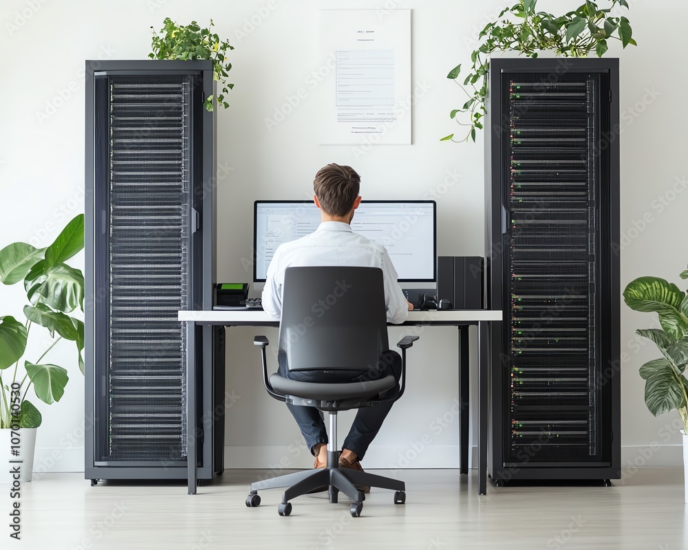 Aufkleber businessman sitting at a desk with a computer, large server racks, and cloud storage, on a white bac