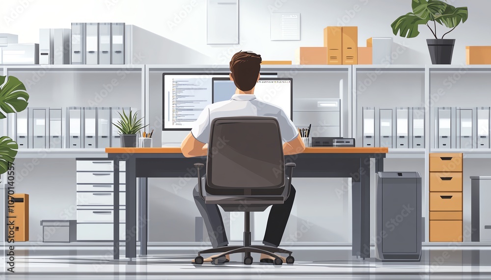 Aufkleber businessman sitting at a desk with a computer, large server racks, and cloud storage, on a white bac
