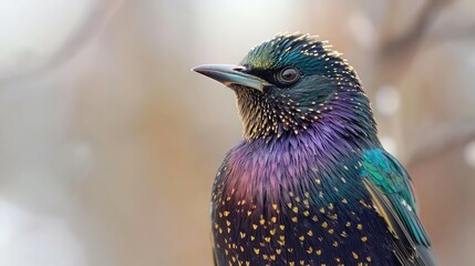 A close-up portrait of a European starling with iridescent feathers against a blurred background.