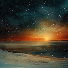 Fototapeta premium Serene snowy landscape at sunset with star-filled sky