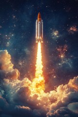 Rocket launching through glowing clouds in space	
