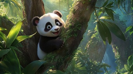 Obraz premium A Cartoon Panda Cub Peeking From Behind a Tree in a Lush Green Forest