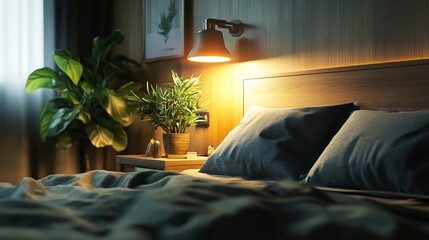 A Bed with a Plant on the Nightstand and a Lamp On