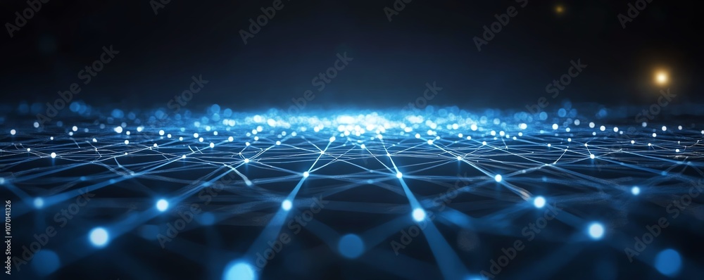 Poster Dark blue background with white glowing digital connections and futuristic technology lines, symbolizing the evolution of tech and digital networks