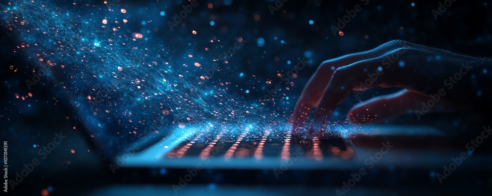 Aufkleber dark bluetoned image of a person typing on their laptop, with digital data connections streaming fro