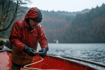 A man in a red raincoat ties a rope on a boat in the rain.
