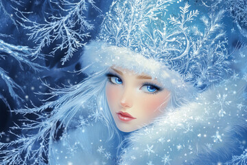 Portrait of a very beautiful woman in a winter forest, a fairy or mistress of the forest walks around her domain