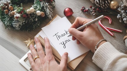 Writing thank-you notes with festive Christmas decorations on wooden surface
