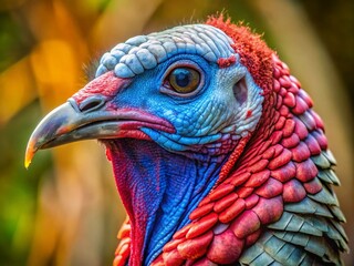 Close-Up of a Wild Turkey: Captivating Details of Its Vibrant Red and Blue Head, Alongside the Intricate Textures of Its Plumage, Perfect for Nature and Wildlife Enthusiasts