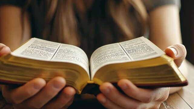 Bible, open sacred text held in hands with warm light for faith, spirituality, and reflection. Close-up of holy scripture pages symbolizing wisdom, devotion, and personal growth