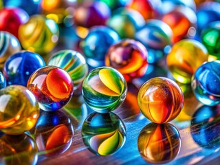 Close-Up of Colorful Glass Marbles Rolling on a Smooth Surface Captured in Rule of Thirds for a Striking Visual Effect