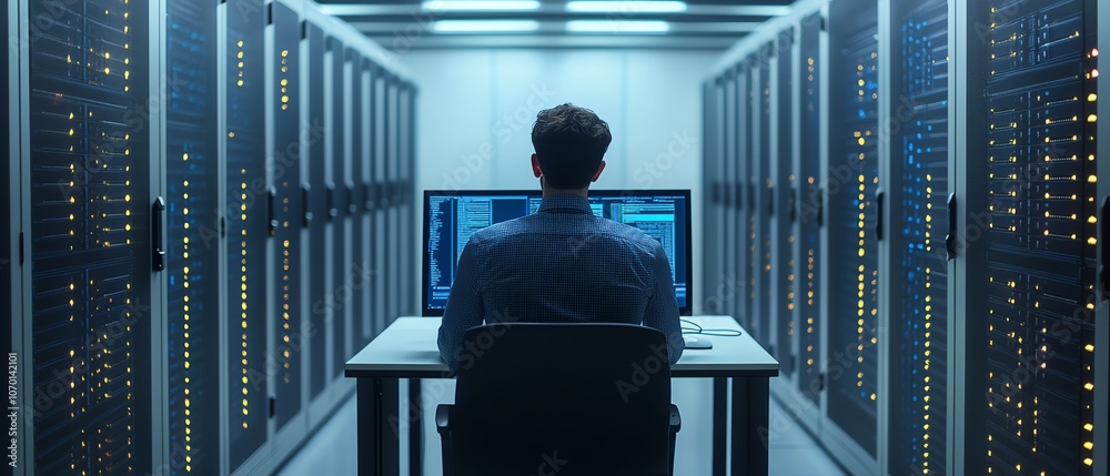 Poster Man sitting at a desk with a computer, surrounded by server racks and cloud storage, on a clean white background, providing a modern look for website design with copy space
