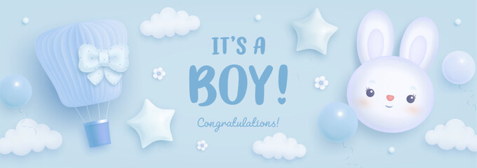 Baby shower banner, invitation, greeting card design template. Baby birth vector wallpaper with 3d toys. It's a boy. Welcome baby billboard. Arrival background