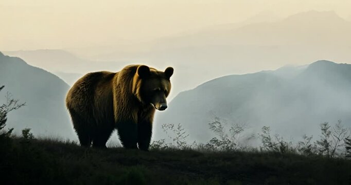 A brown bear standing in profile, full body, in a mountainous wilderness with foggy morning light illuminating the bear's fur