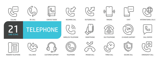 Set of line icons related to telephone, call, support, communication. Outline icons collection. Editable stroke. Vector illustration.