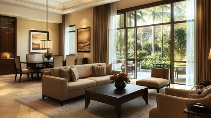 Modern Living Room with Beige Furnishings and Patio View