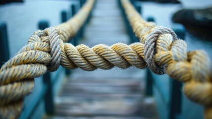 Obraz premium A close-up shot of a thick rope bridge, with a wooden walkway in the background.