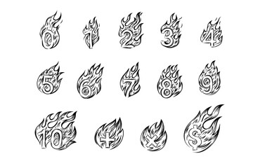 Set of numbers on fire, Outline Flame Set, Hand Drawn Vector Image