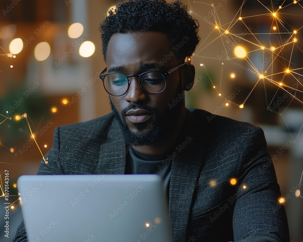 Aufkleber A business professional working on their laptop, surrounded by digital connections and data visualizations, representing the integration of AI technology in daily work